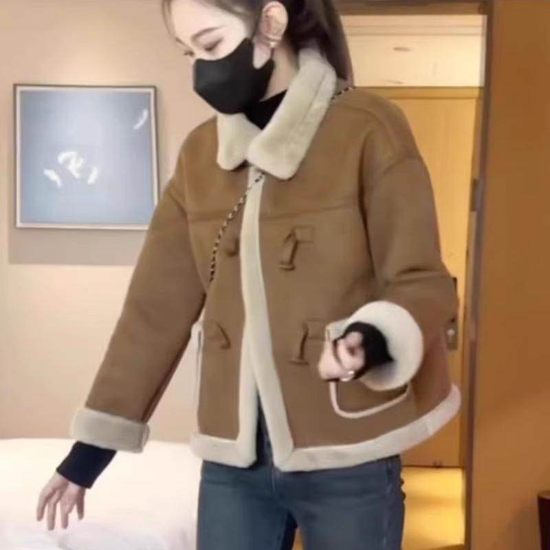 短款皮毛一体羊羔毛绒外套女2024秋冬小个子加绒加厚麂皮绒机车服