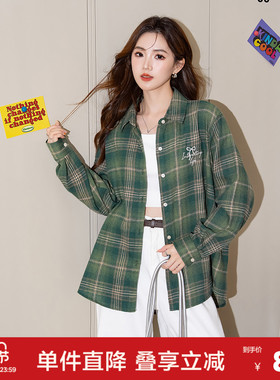唐狮2026新款格子衬衫女长袖外套绿色磨毛翻领宽松前胸刺绣上衣bl