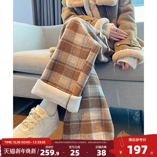 流行百搭咖色格子加绒阔腿长裤 女休闲裤 新款 唐狮2025年秋冬季