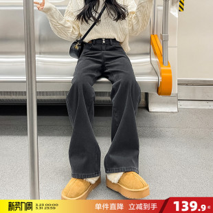 新款 时尚 牛仔裤 宽松显瘦潮流百搭韩版 女高腰阔腿裤 唐狮春季