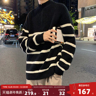 套头圆领潮 条纹毛衣男生青少年潮流针织毛线衫 唐狮2025冬季 新款