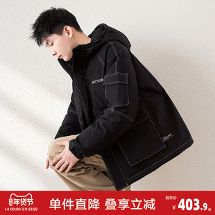 唐狮冬季新款男生羽绒服短款连帽黑色面包服厚外套加厚羽绒服
