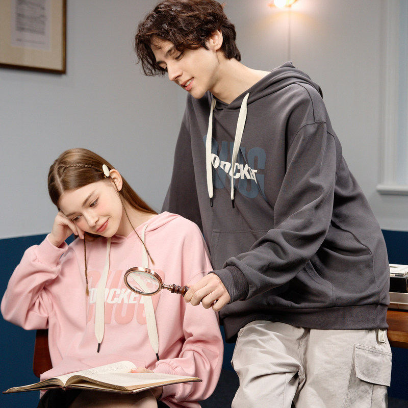 唐狮2024春秋季新款情侣卫衣男士长袖灰色发泡印连帽衫女情侣装潮