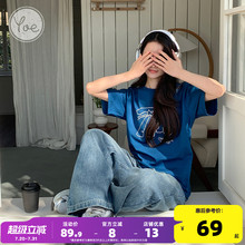 yoe短袖t恤女上衣蓝色半袖体恤夏季新款宽松女款纯棉小众小个子