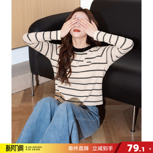 条纹圆领时尚 毛线衫 潮流百搭简约上衣W 女长袖 唐狮春秋新款