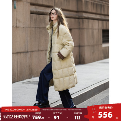 唐狮2025冬季长款羽绒服女立领拼接格纹设计过膝保暖羽绒外套鸭绒