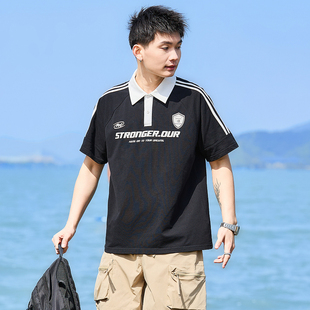 唐狮男士Polo衫2025夏季新款条纹撞色拼接宽松翻领短袖T恤上衣潮
