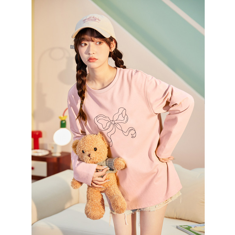 唐狮长袖女T恤衫秋上衣女2024新款宽松甜美内搭百搭打底衫女纯棉