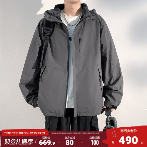 唐狮2025秋冬季男连帽羽绒服短款灰色翻领连帽保暖羽绒内胆可拆