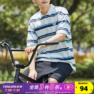 唐獅2024夏季 短袖 polo衫 男有條紋帶翻領(lǐng)t恤白色商務(wù)休閑上衣 新款