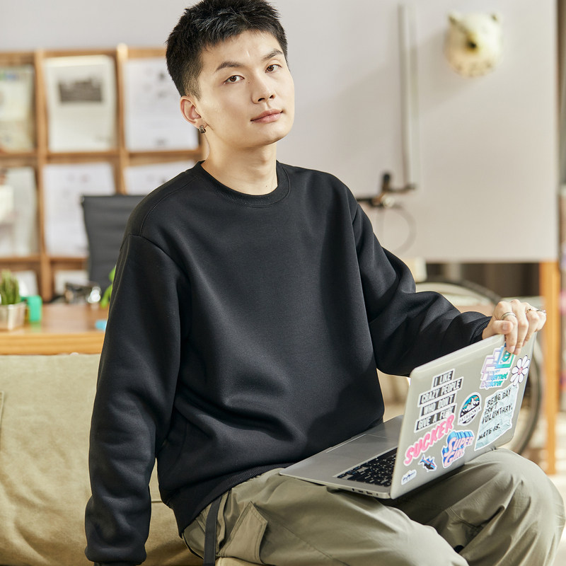 唐狮男士加绒加厚卫衣2025秋冬新款宽松圆领青少年仿羊羔毛套头衫