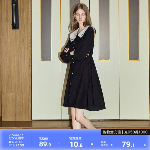 唐狮春装长袖连衣裙女2026早春新款娃娃领衬衫裙小个子黑色裙子