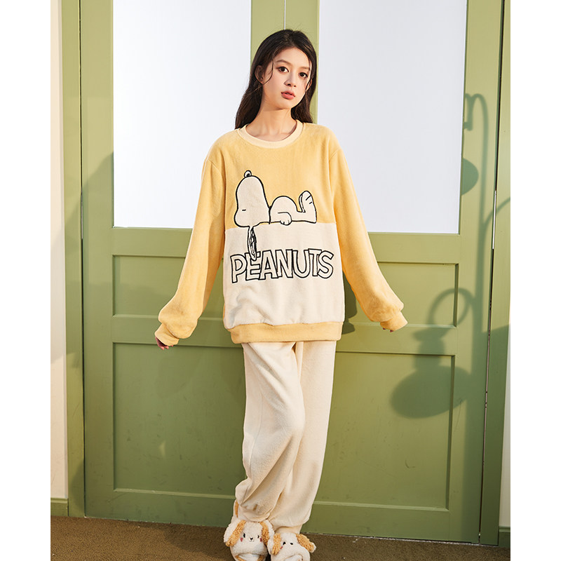 唐狮新款加厚睡衣史努比珊瑚绒可外穿家居服冬季保暖套装女学