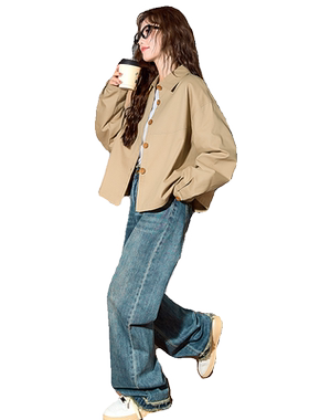 唐狮春秋新款工装衬衫女百搭短外套复古长袖衬衣短款甜酷女