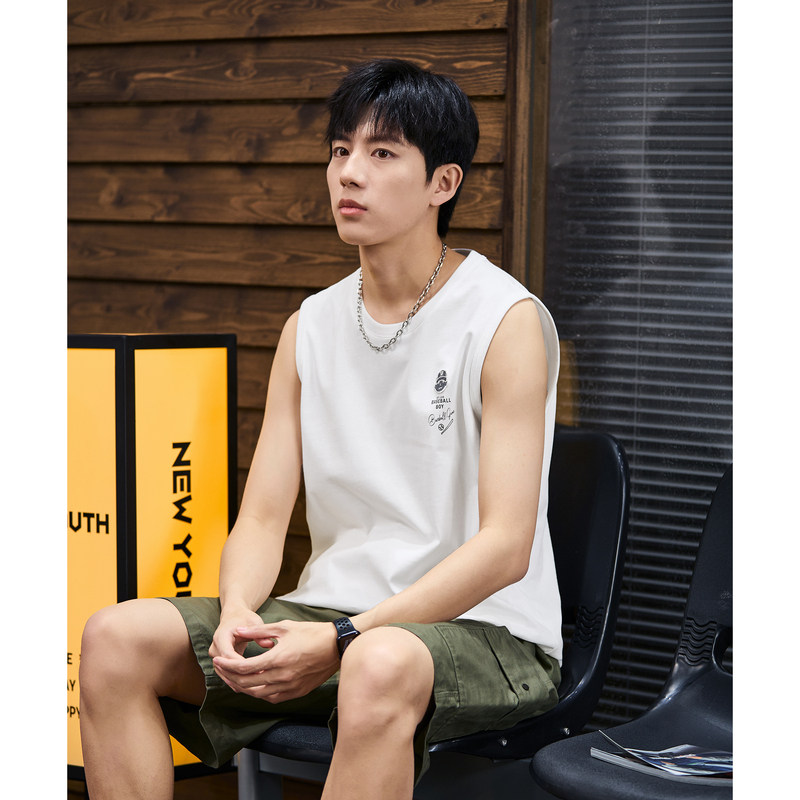 唐狮2024春夏新款男背心纯棉圆领上衣运动坎肩无袖T恤白色汗衫潮