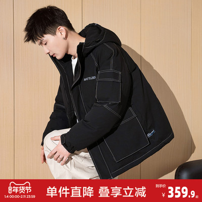 唐狮冬季新款男生羽绒服短款连帽黑色面包服厚外套加厚羽绒服