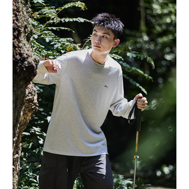 唐狮2024秋季新款男长袖t恤后背字母印花圆领上衣宽松内搭打底潮t