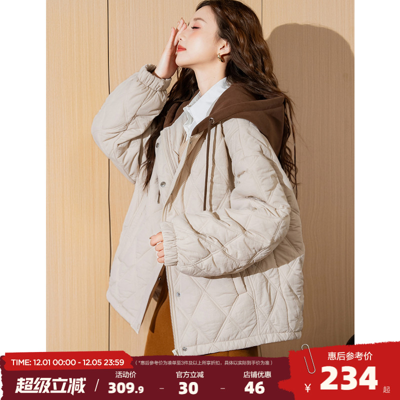 唐狮2025冬季新款连帽棉衣女外套夹棉假两件短款百搭菱形格棉袄