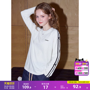 唐狮2026春秋白色长袖T恤女纯棉蝴蝶结可爱少女织带上衣打底内搭