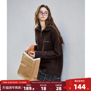 唐狮2025年秋冬毛衣女高级感简约翻领拉链半开襟净色美式 毛线衫
