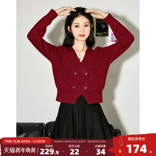 V领慵懒红色毛衣女假两件设计感套头毛线衫 唐狮2025秋冬季 新款