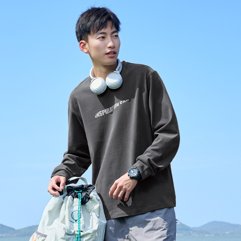 唐狮2024秋季新款长袖T恤男字母印花纯棉圆领上衣潮酷内搭打底衫t