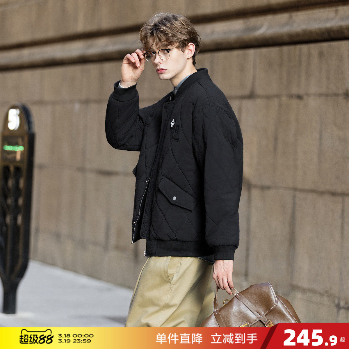 唐狮2026秋冬季男棒球领短款棉衣菱形格设计感时尚百搭黑色棉服