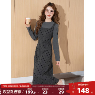 唐狮2025秋冬季 女连衣裙假两件长裙灰色气质温柔风波点小个子穿搭