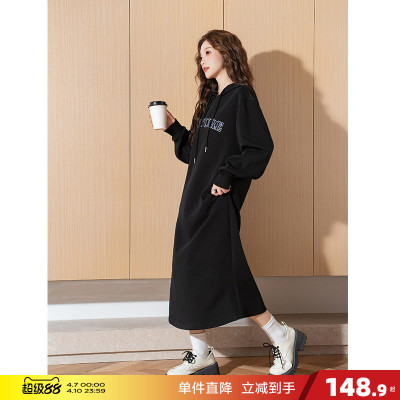 唐狮连帽加绒卫衣裙女长款连衣裙秋冬款宽松长袖针织裙黑色裙子y1
