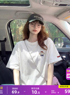 唐狮短袖T恤女新款夏季纯棉T恤女圆领T恤简约设计百搭白色上衣女