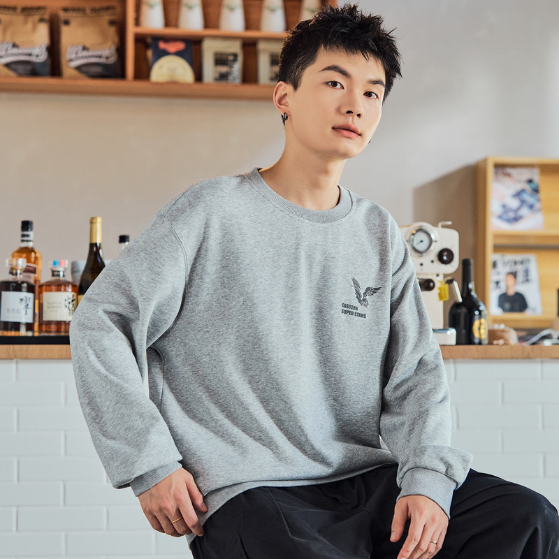 唐狮2024春秋季新款圆领卫衣男士休闲灰色无帽衫痞帅长袖上衣潮牌