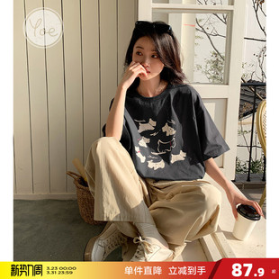 新款 夏季 女士小狗印花好看纯棉小众 t恤女上衣宽松女装 yoe黑色短袖
