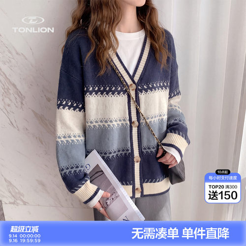唐狮复古费尔岛女士落肩针织开衫秋季撞色提花软糯V领外搭毛衣