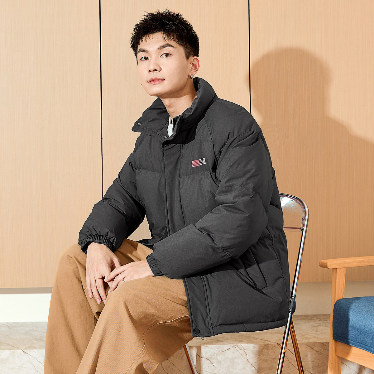 唐狮2024新款男生高蓬立领前胸后背印花装饰羽绒服美式复古潮流