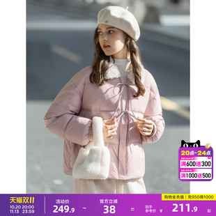 唐狮2026冬季女撞色仿羊羔绒翻领前胸绑带短款棉衣可爱甜美少女