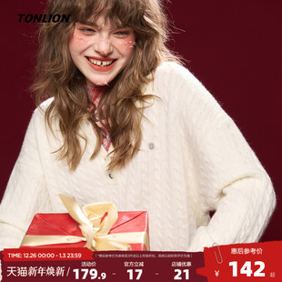 唐狮2025秋冬毛衣女POLO领净色绞花假两件拼接毛线衫 设计感