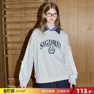 唐狮2026春秋新款 字母设计女假两件休闲上衣 套头卫衣翻领复古美式