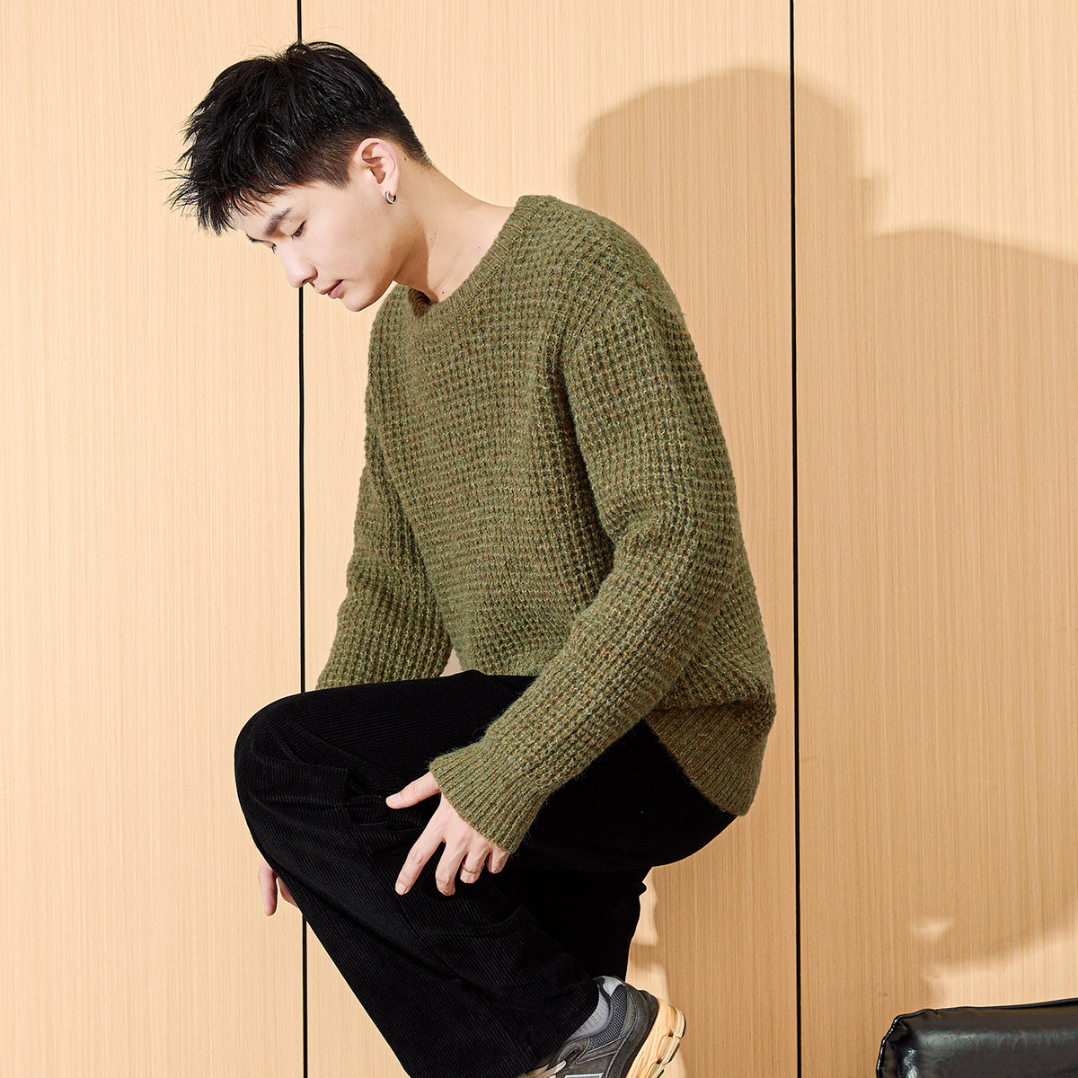 唐狮2024冬季新款男士毛衣圆领复古日系慵懒风休闲粗肌理针织衫潮