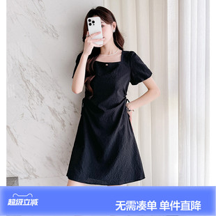 唐狮夏季黑色连衣裙女新款露腰设计感泡泡袖连衣裙夏季女装g8