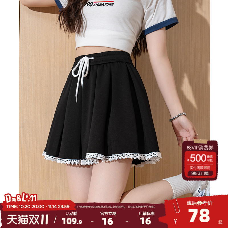 唐狮2025春季新款高腰百褶裙少女蕾丝拼接半身裙运动短裙子女jcc