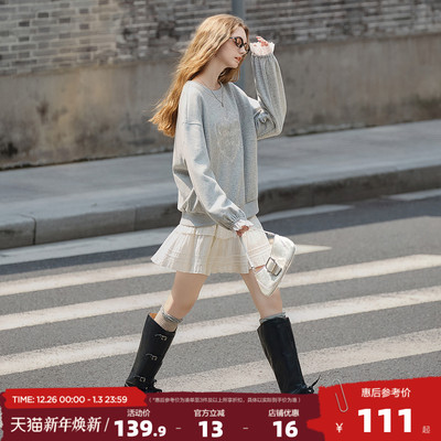 唐狮2025秋季新款灰色卫衣女圆领长袖复古蕾丝花边学院风小众套头