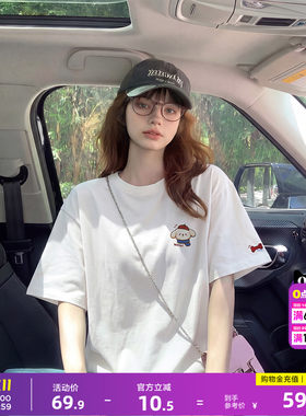唐狮短袖T恤女新款夏季纯棉T恤女圆领T恤简约设计百搭白色上衣女
