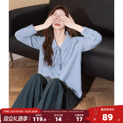 唐狮2025春季新款女衬衫长袖系带设计感小众翻领垂感净色女士衬衣