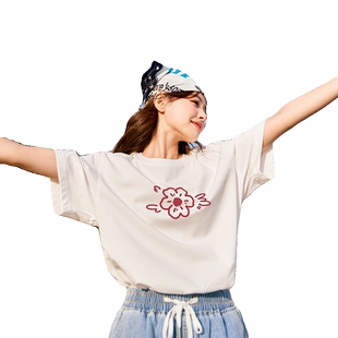 唐狮短袖t恤女新款夏前胸花卉图案圆领小众设计宽松纯棉T恤sz