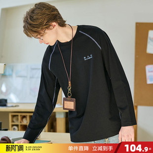 宽松时尚 唐狮2026春季 T恤休闲风明线设计插肩袖 男圆领长袖 新款