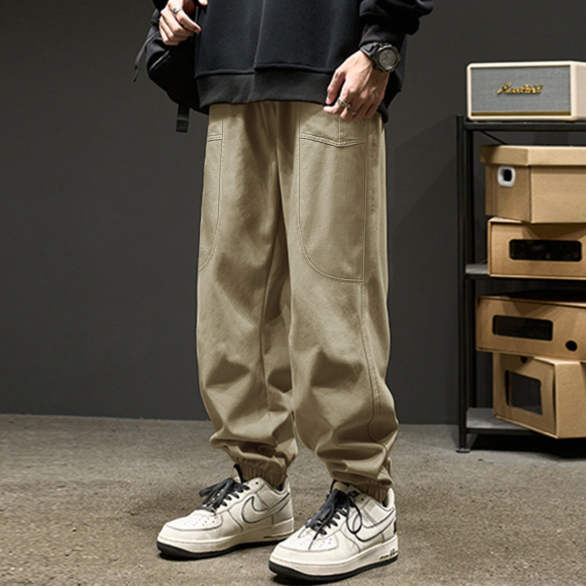 唐狮男士休闲裤2025秋季新款美式工装裤宽松百搭设计感束脚哈伦裤