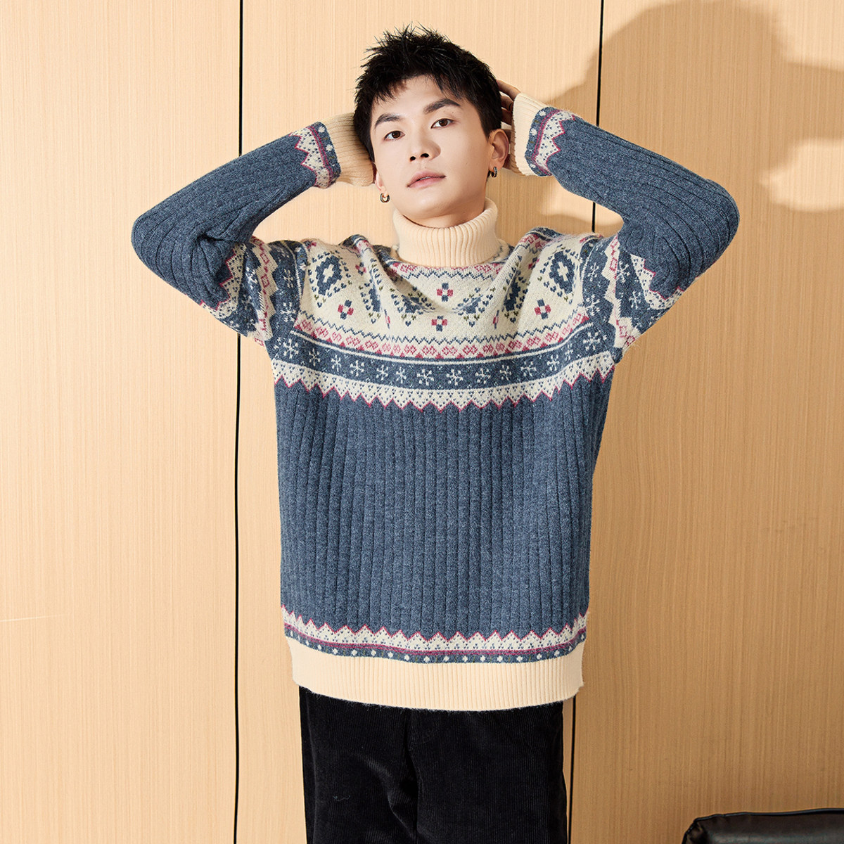 唐狮2024冬季新款高领男士毛衣复古费尔岛提花针织衫上衣男装毛衫