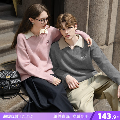 唐狮2026秋冬季新款情侣款假两件左胸绣花翻领毛线衫慵懒风高级感