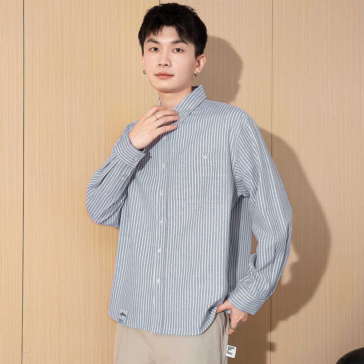 唐狮男士条纹衬衫2025秋季新款宽松青少年日系港风长袖衬衣外套潮