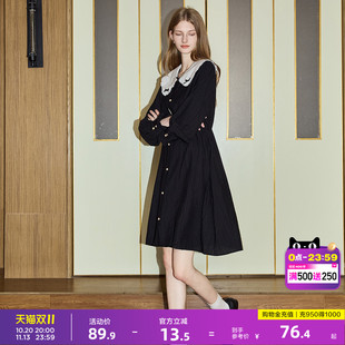唐狮春装长袖连衣裙女2026早春新款娃娃领衬衫裙小个子黑色裙子